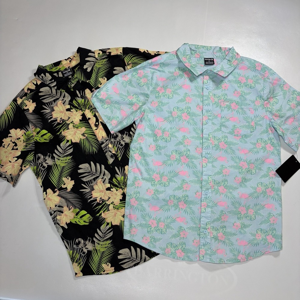 Hurley Boys Hawaiian Shirt Lot 2 Youth XL Flamingo Tropical Button Up Short Slee - Picture 2 of 13